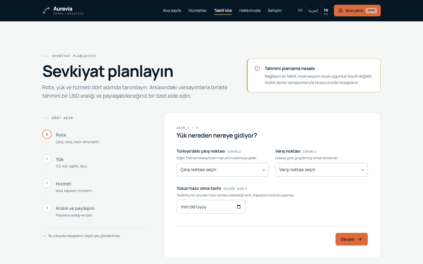 Dört adımlı sevkiyat planlayıcı, masaüstü