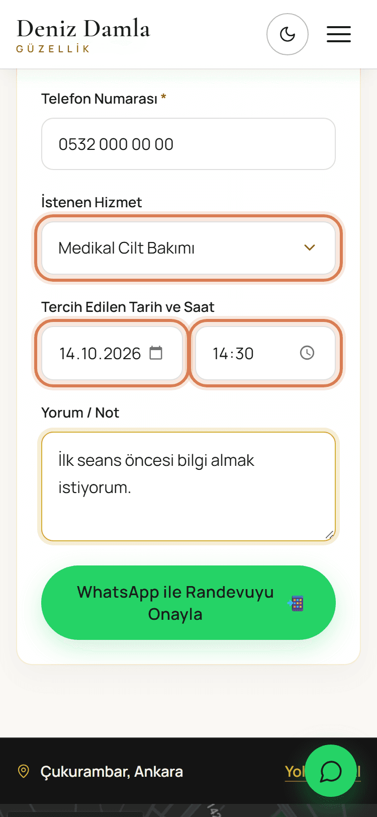 Hizmet, tarih ve saat seçimi