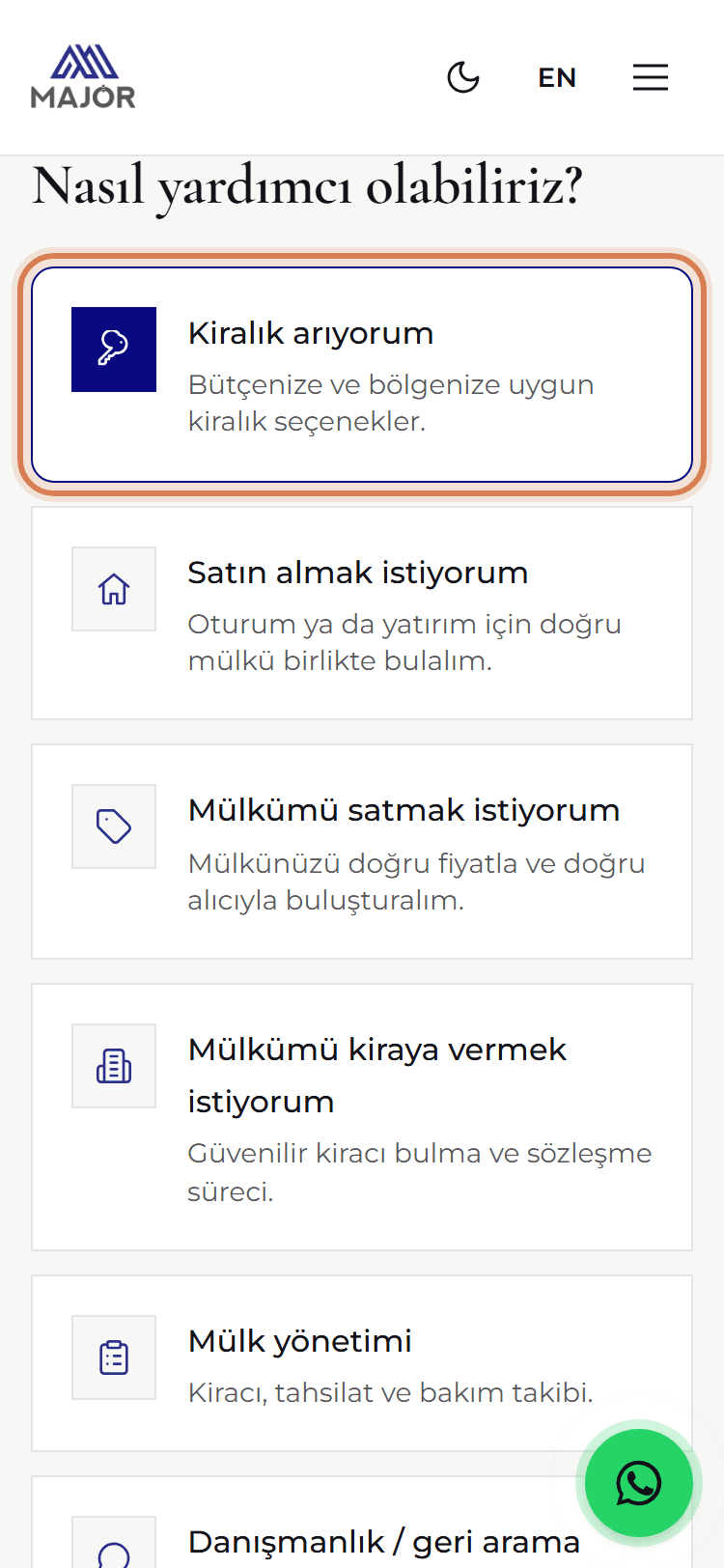 Talep formunun ilk adımı: hizmet seçimi