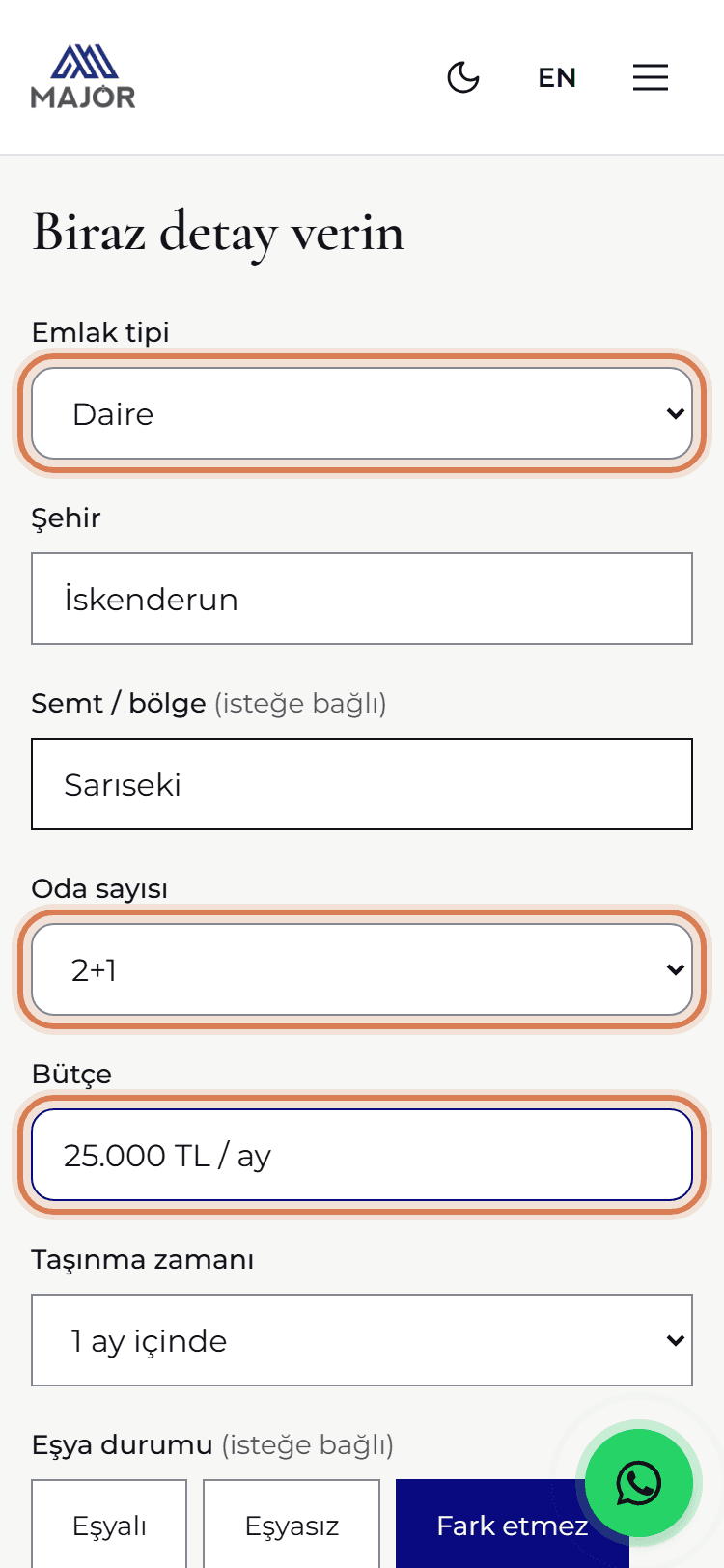 Emlak tipi, oda sayısı ve bütçe alanları
