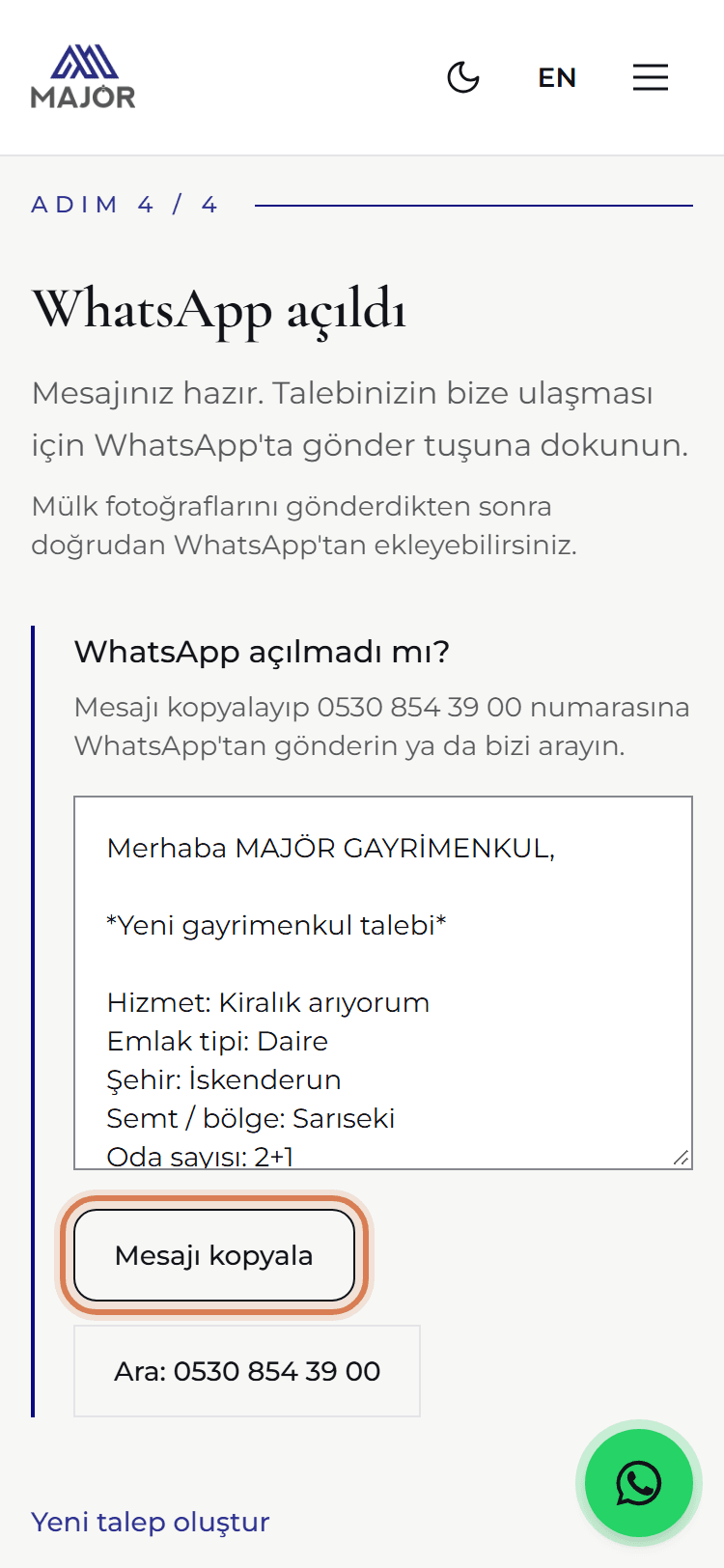 Mesajı kopyala ve ara seçenekleri